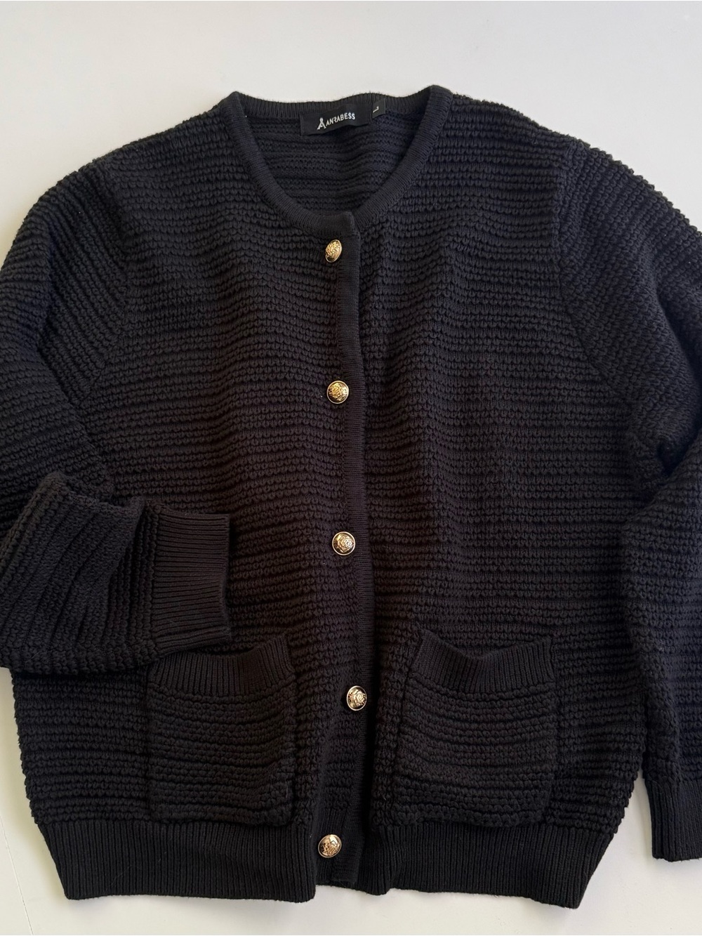 Anrabess Black Textured Knit Gold Button Cardigan